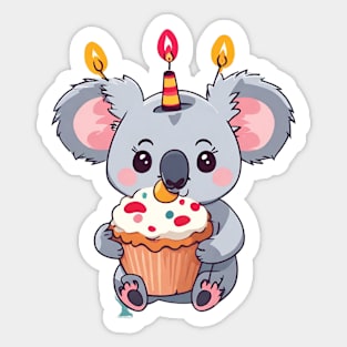 Cute Koala girl holding a birthday muffin with a candle,.Vector flat illustration Sticker